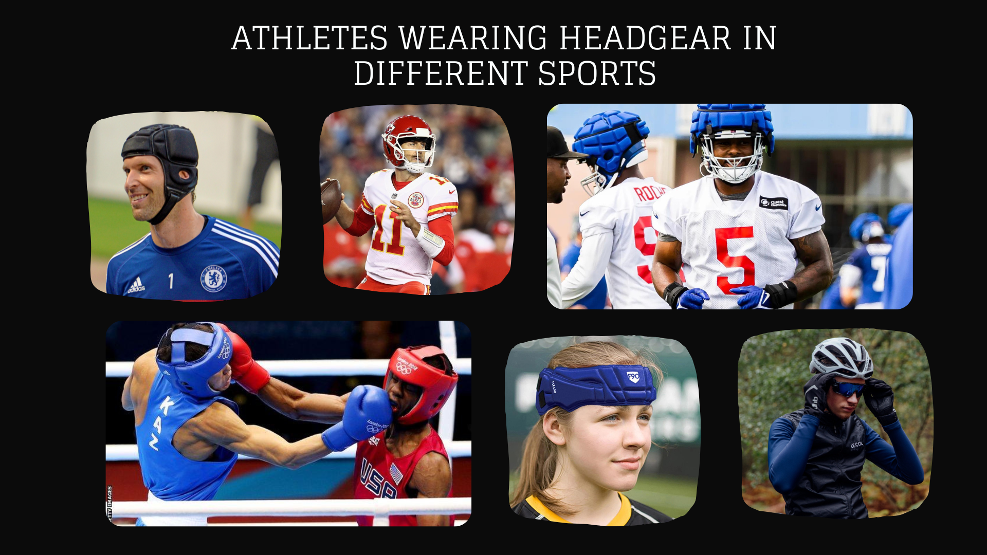 Athletes wearing headgear in different sports